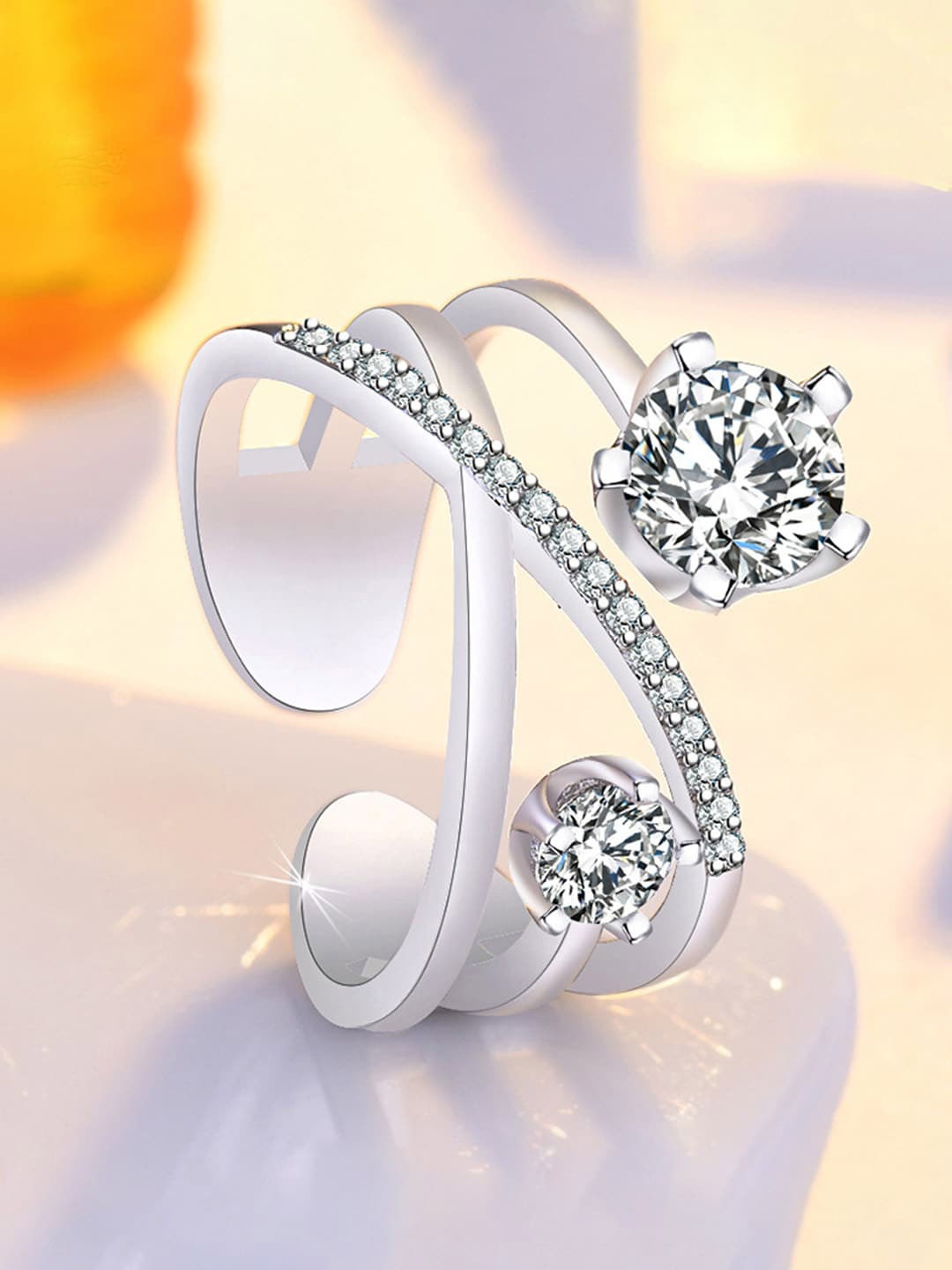 

Jewels Galaxy Silver-Plated American Diamond-Studded Adjustable Finger Ring