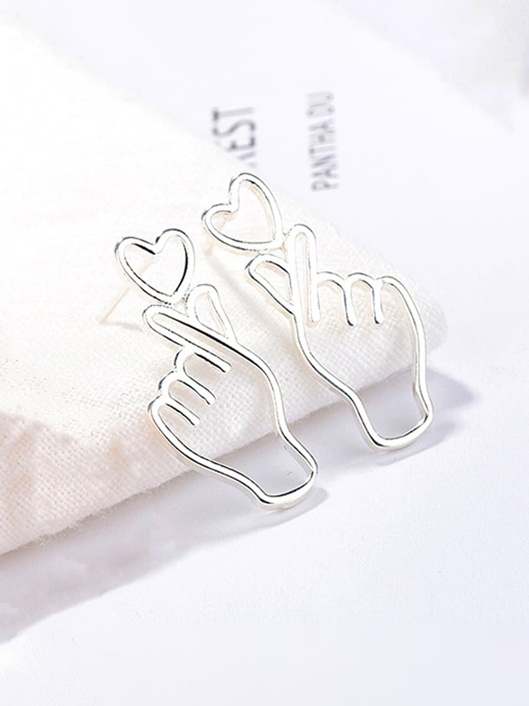 

Jewels Galaxy Silver Plated Finger Heart Style Korean Stud Earrings