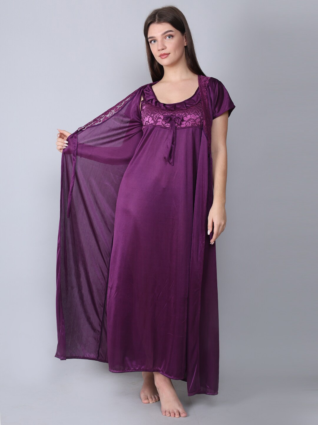 

XPIOX V-Neck Satin Maxi Wrap Nightdress With Robe, Purple