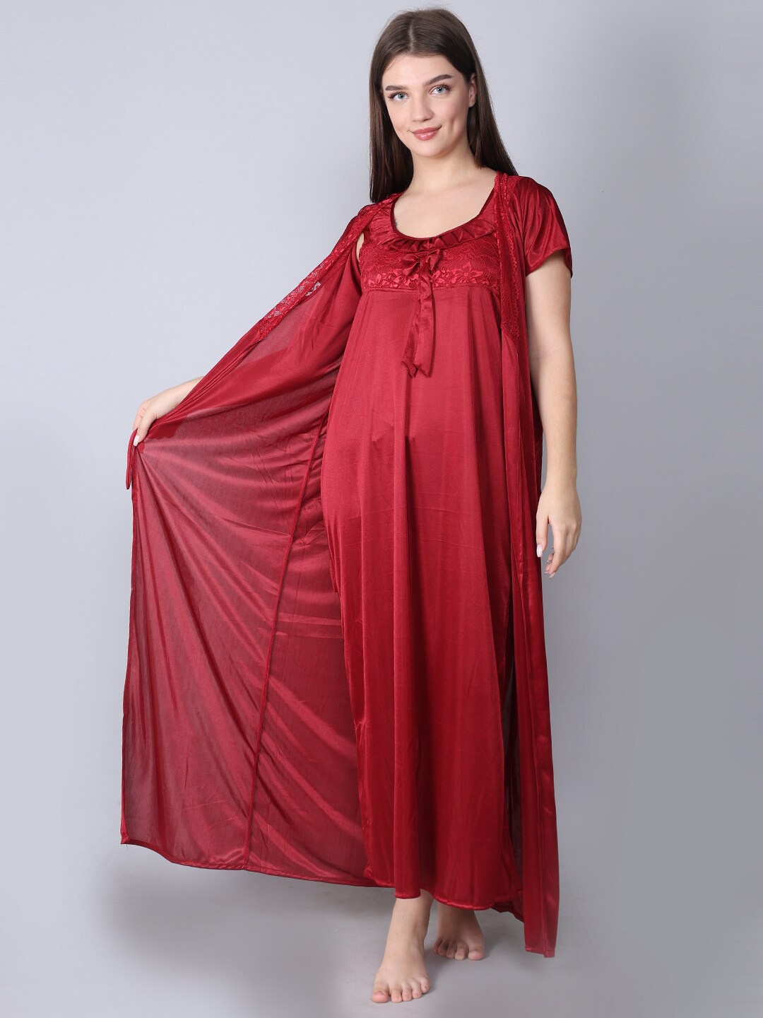 

XPIOX Round Neck Maxi Satin Wrap Nightdress, Red