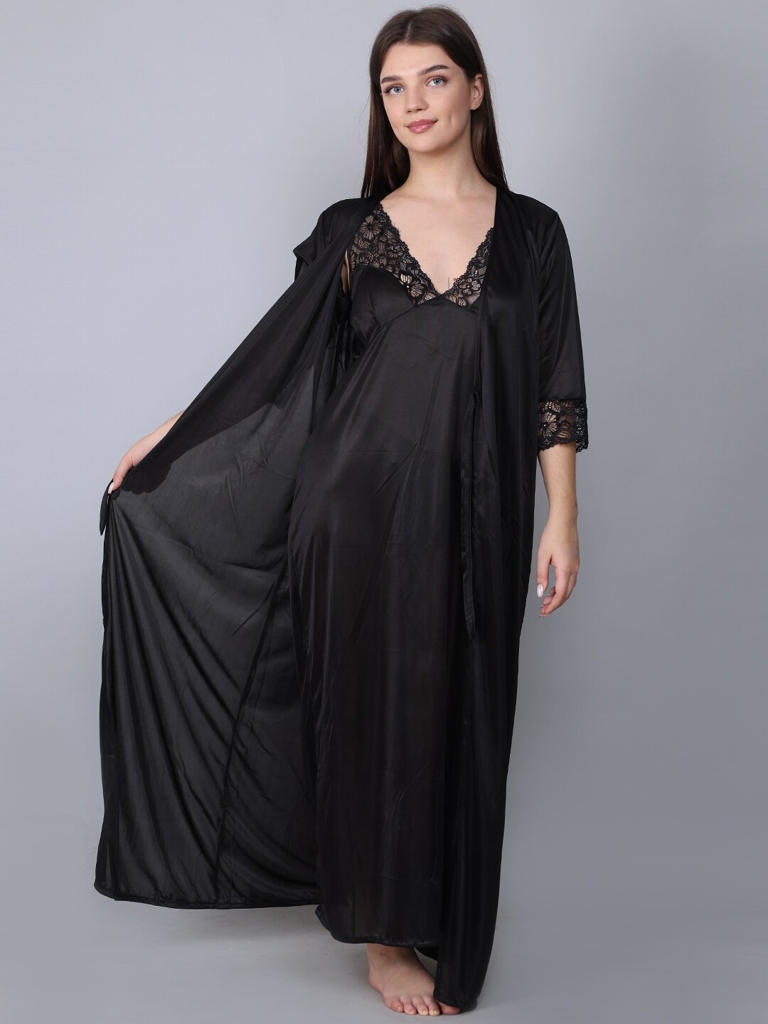 

XPIOX Satin Maxi Wrap Nightdress, Black