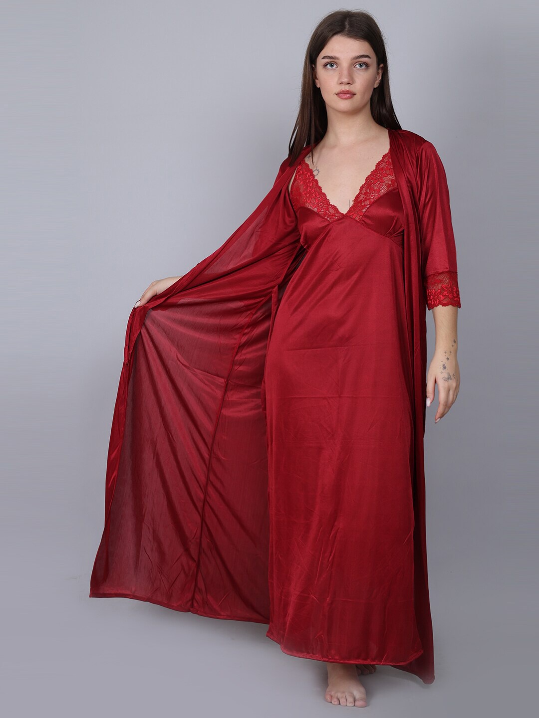 

XPIOX Satin Maxi Wrap Nightdress, Maroon