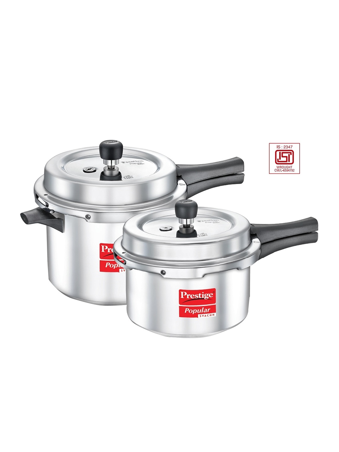 

Prestige Popular Svachh Silver Toned 2 Pieces Spillage Control Pressure Cooker 5 L & 3 L