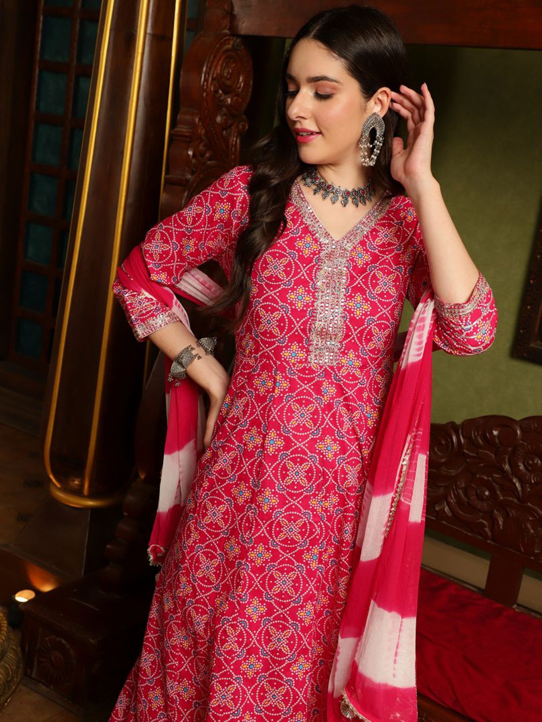 

Sangria Pink Ethnic Motifs Printed Sequinned Pure Cotton A-Line Kurta Set