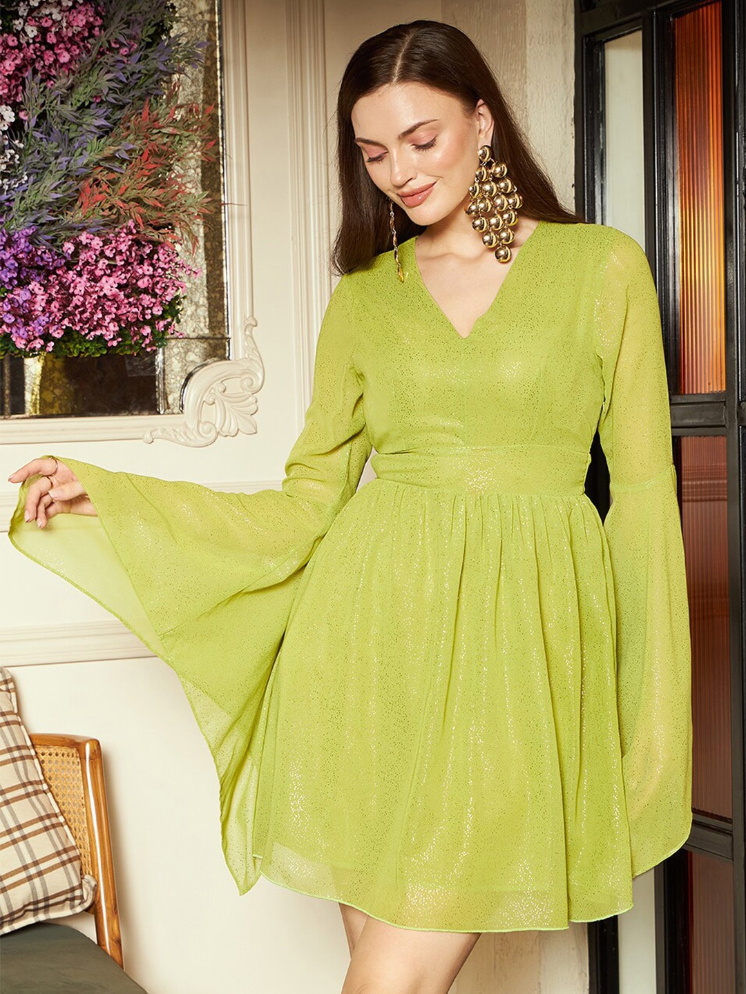 

KASSUALLY Sparkle Foil Knitted Green V-Neck Flared Sleeves Gathered Mini Fit Flare Dress
