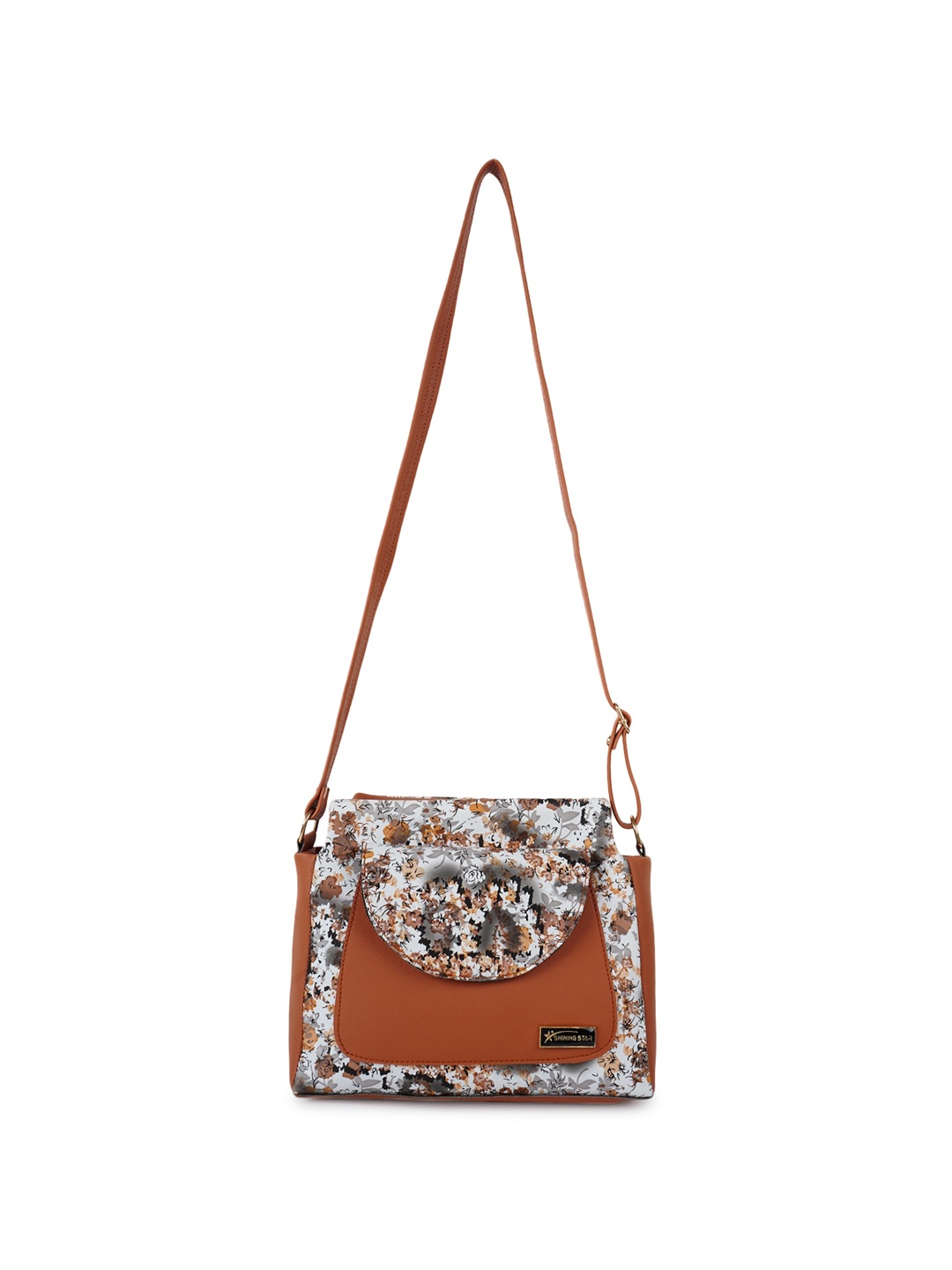 

SHINING STAR Floral Printed Structured Sling Bag, Tan