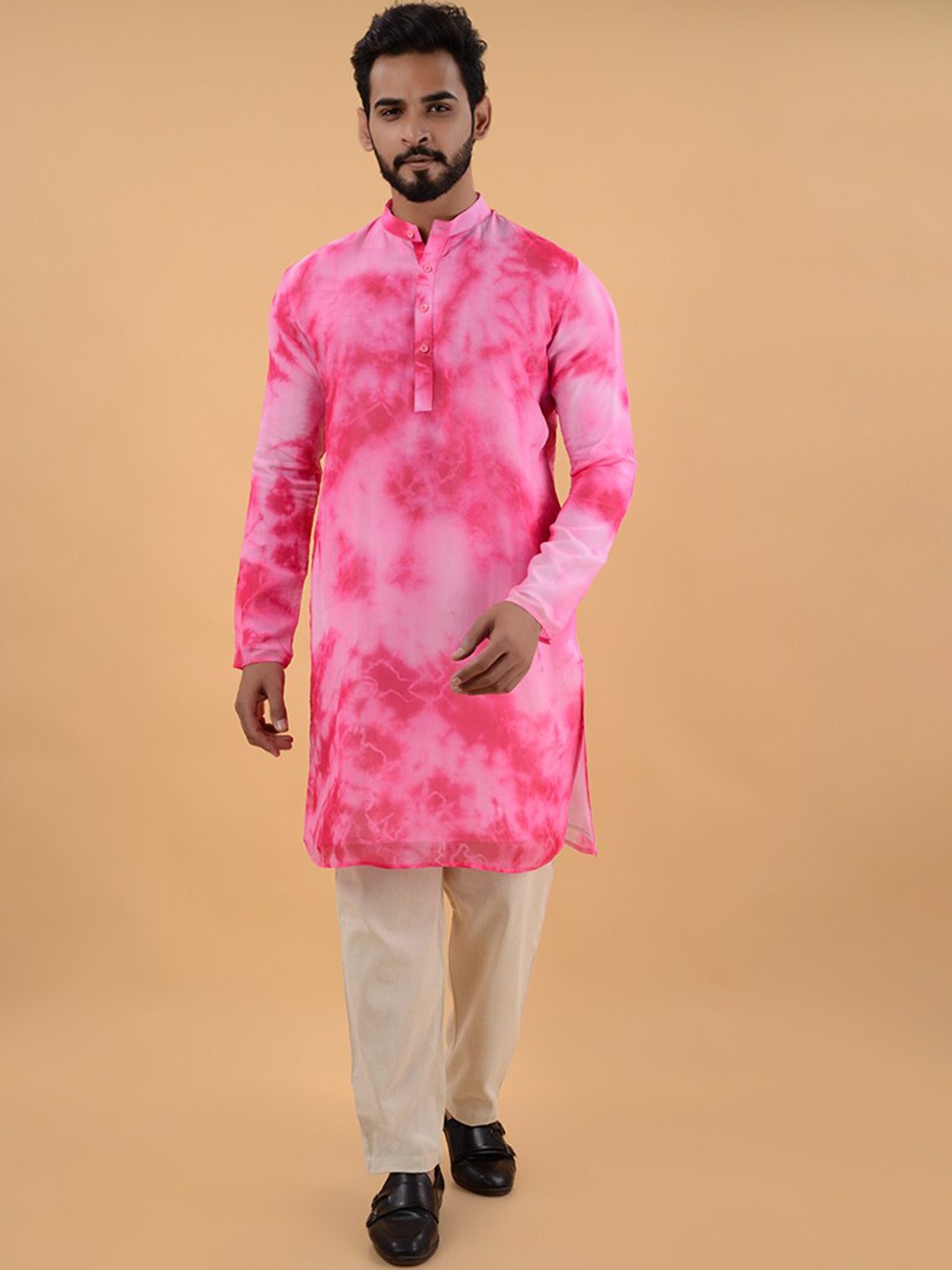

House of K.C Shibori Dyed Mandarin Collar Organza Straight Kurta, Pink