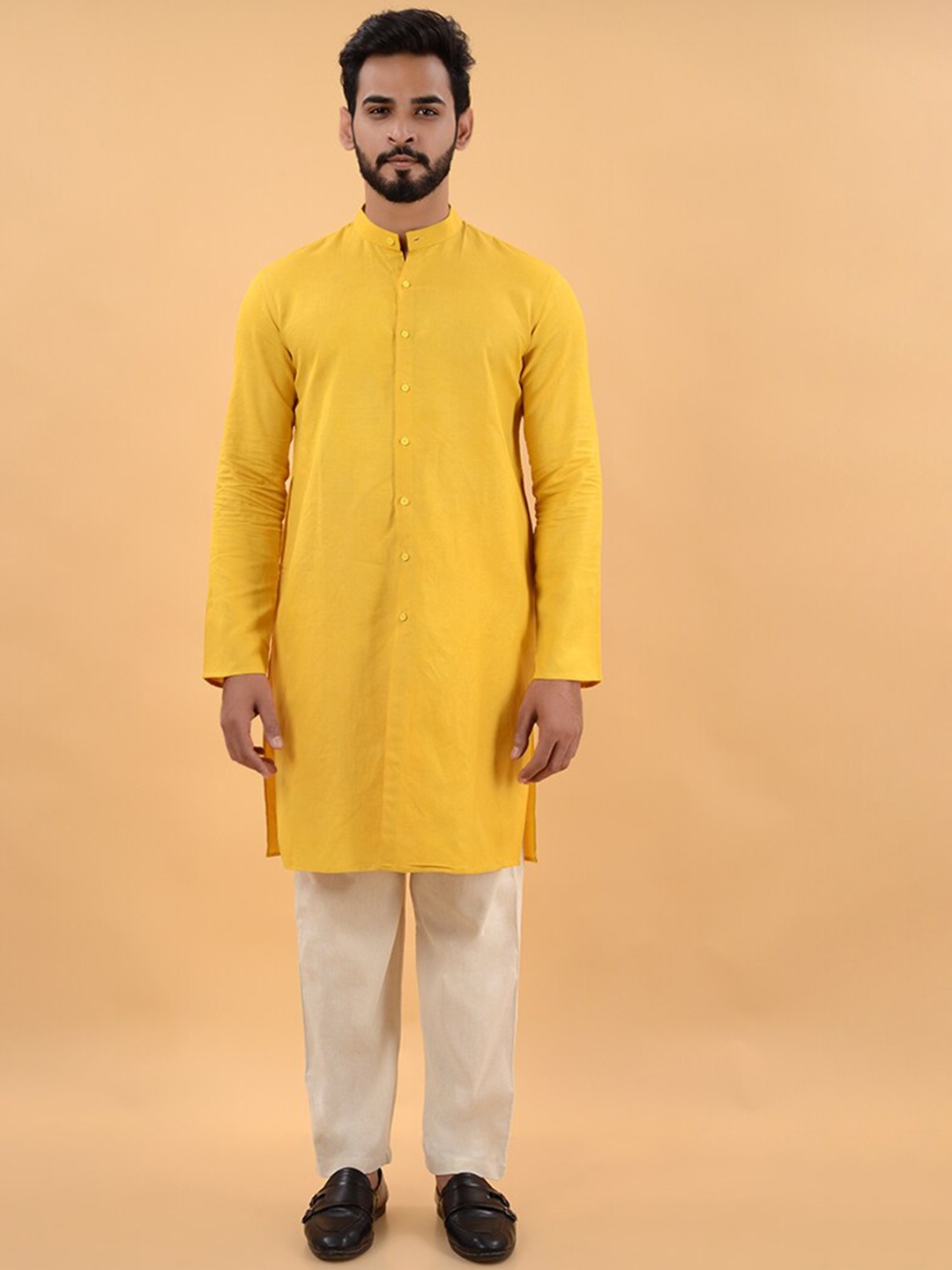 

House of K.C Band Collar Straight Kurta, Yellow