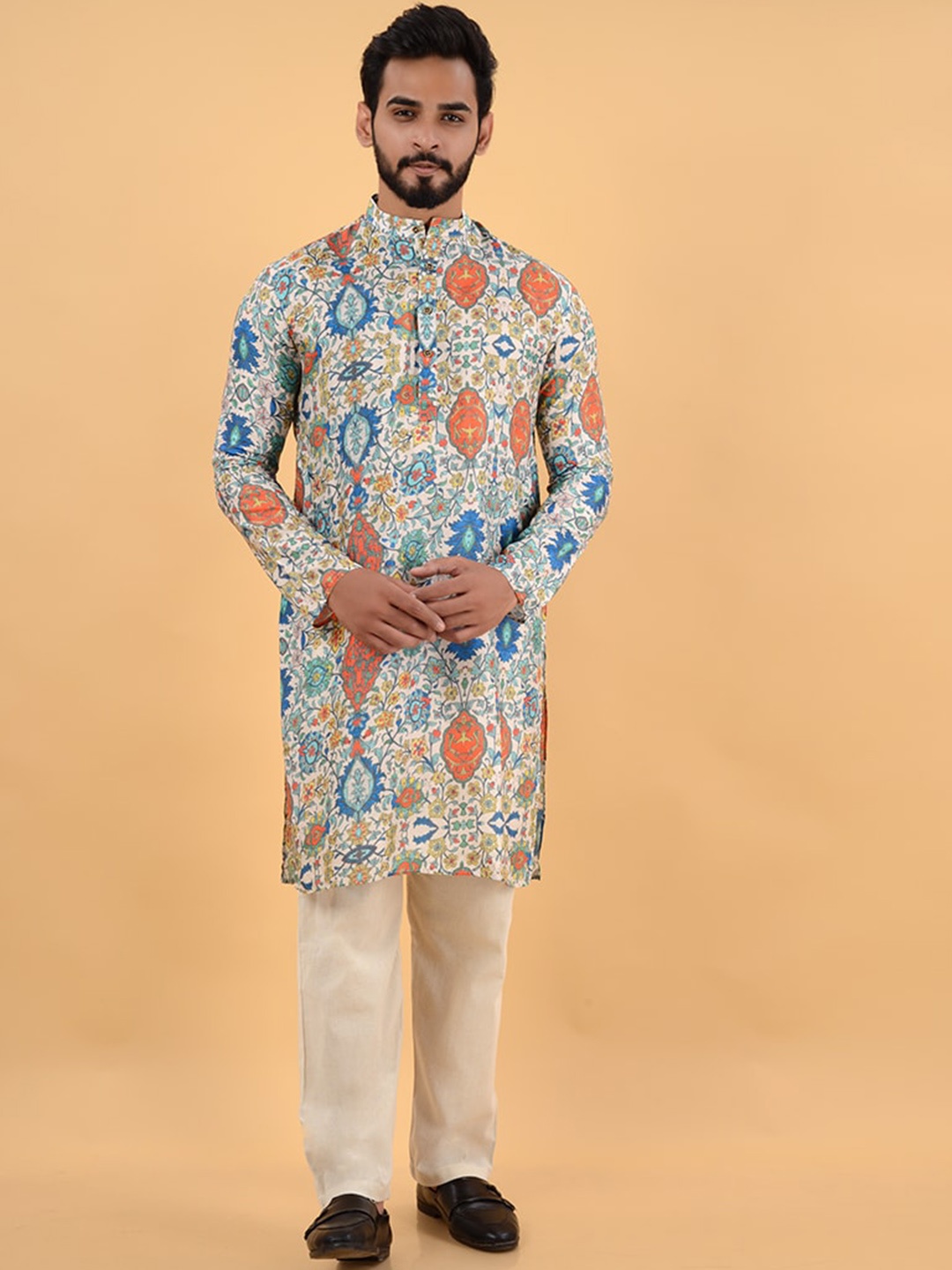 

House of K.C Floral Printed Band Collar Silk Straight Kurta, Cream