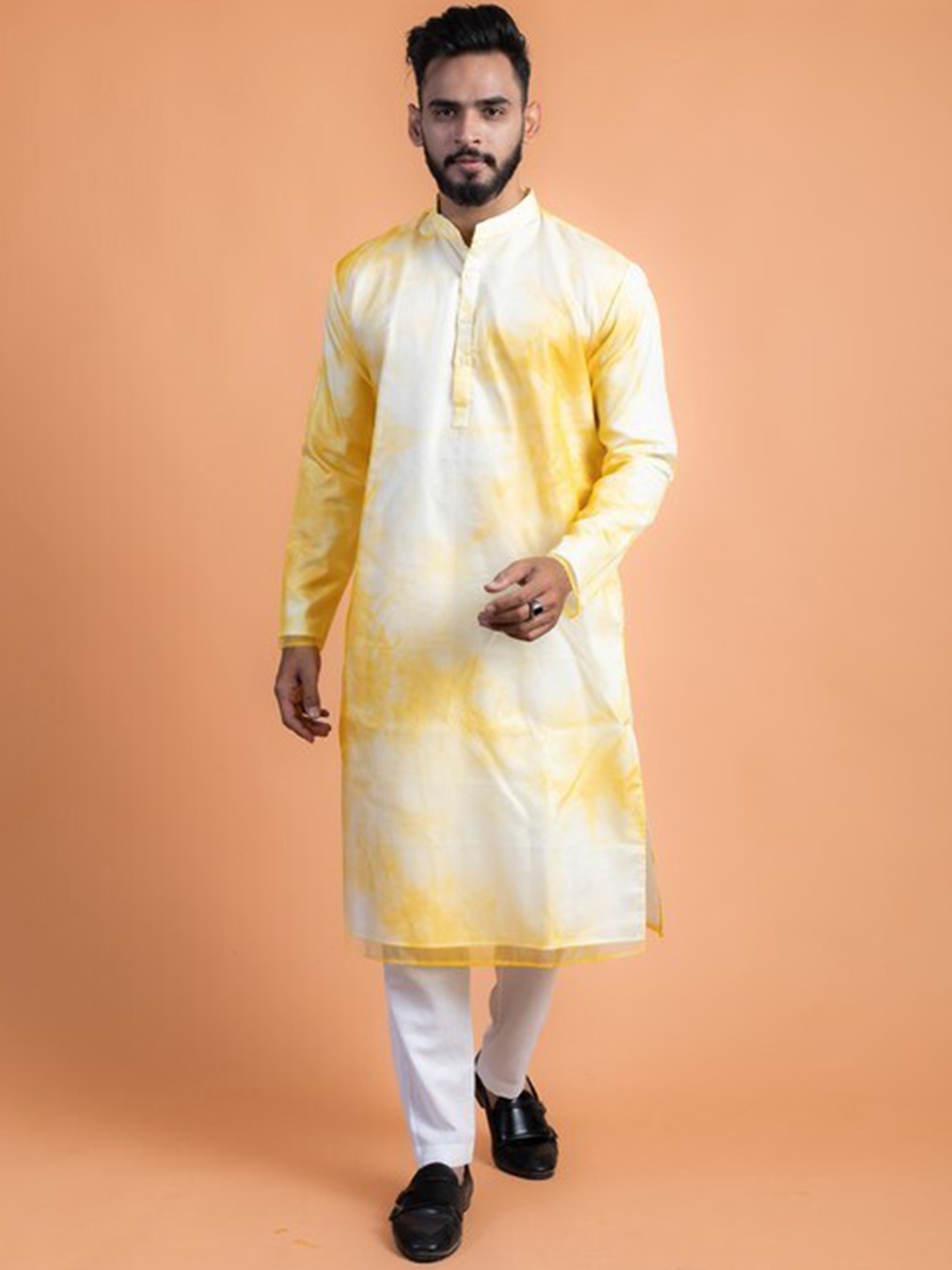 

House of K.C Shibori Dyed Mandarin Collar Organza Straight Kurta, Yellow
