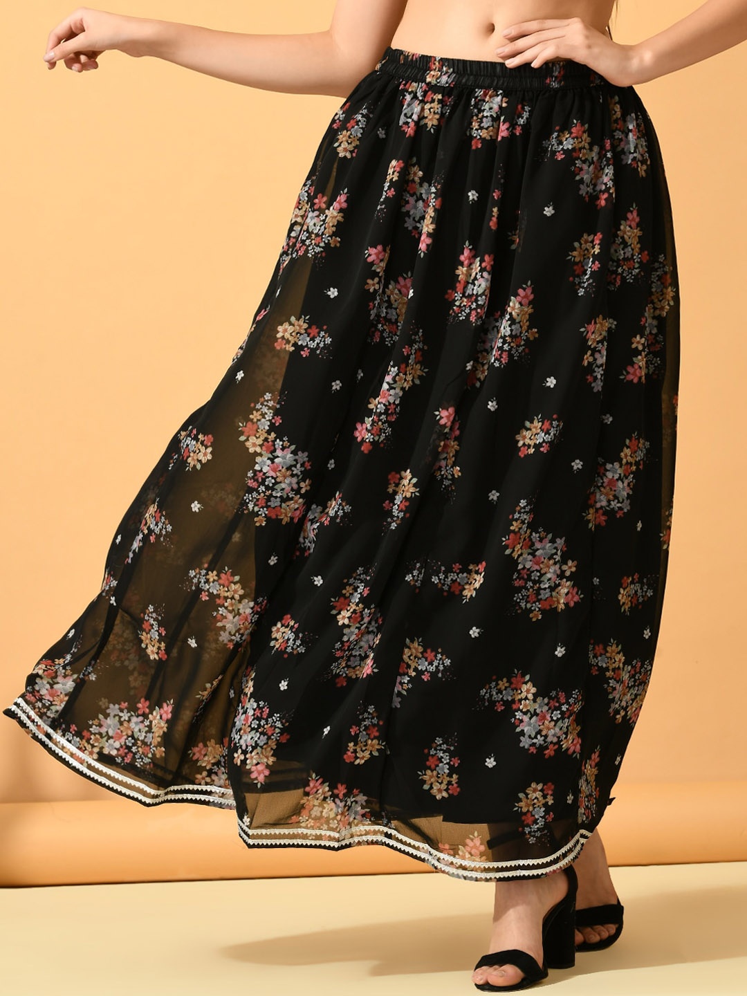 

Sangria Floral Printed Gathered Detail Flared Skirt, Black
