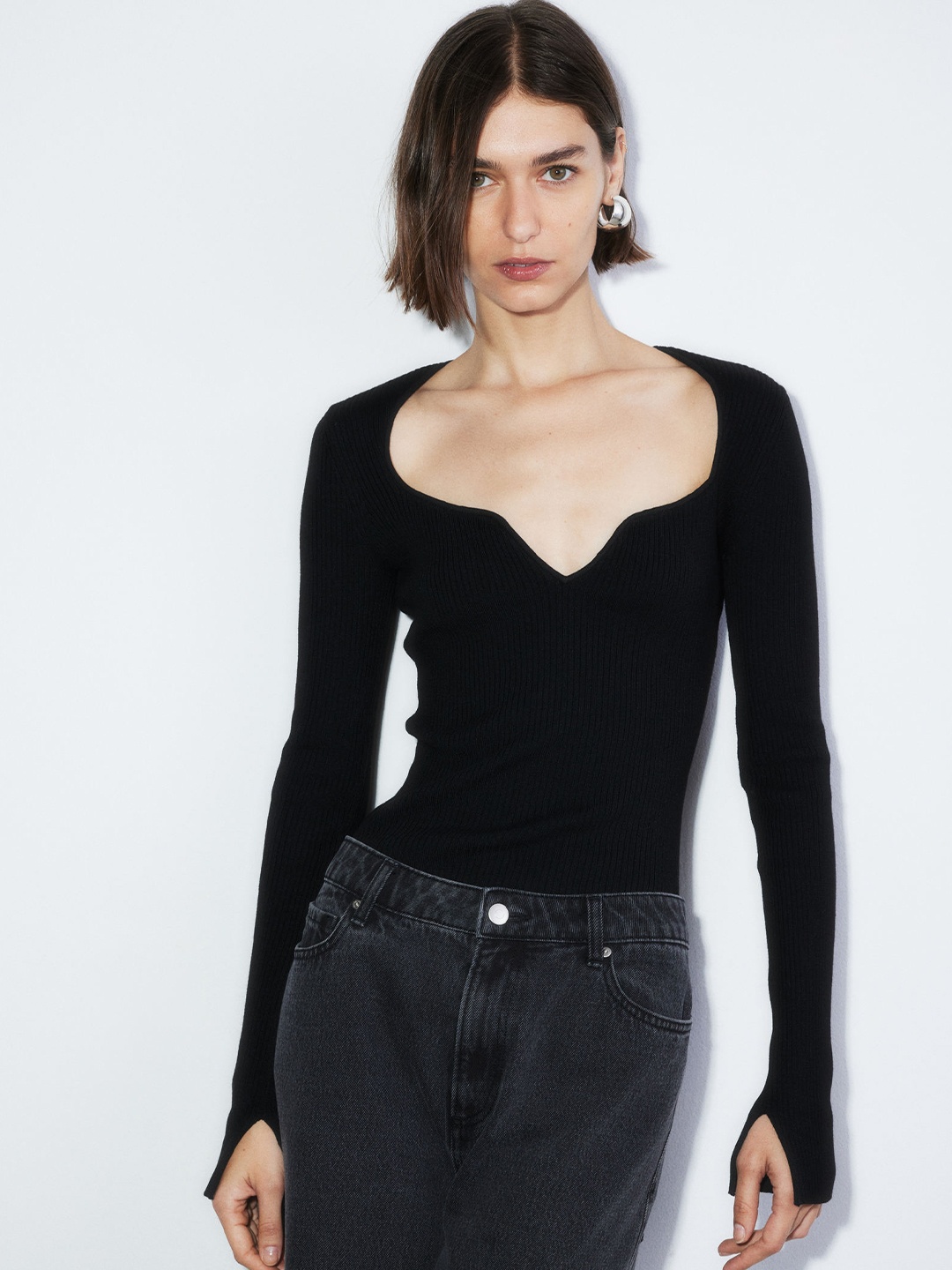 

H&M Rib Knit Sweetheart Neck Top, Black