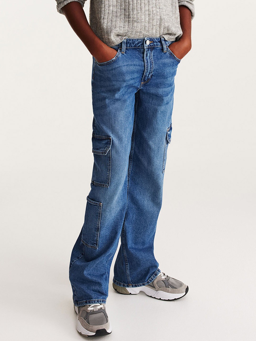 

H&M Girls Wide Leg Low Cargo Trousers, Blue