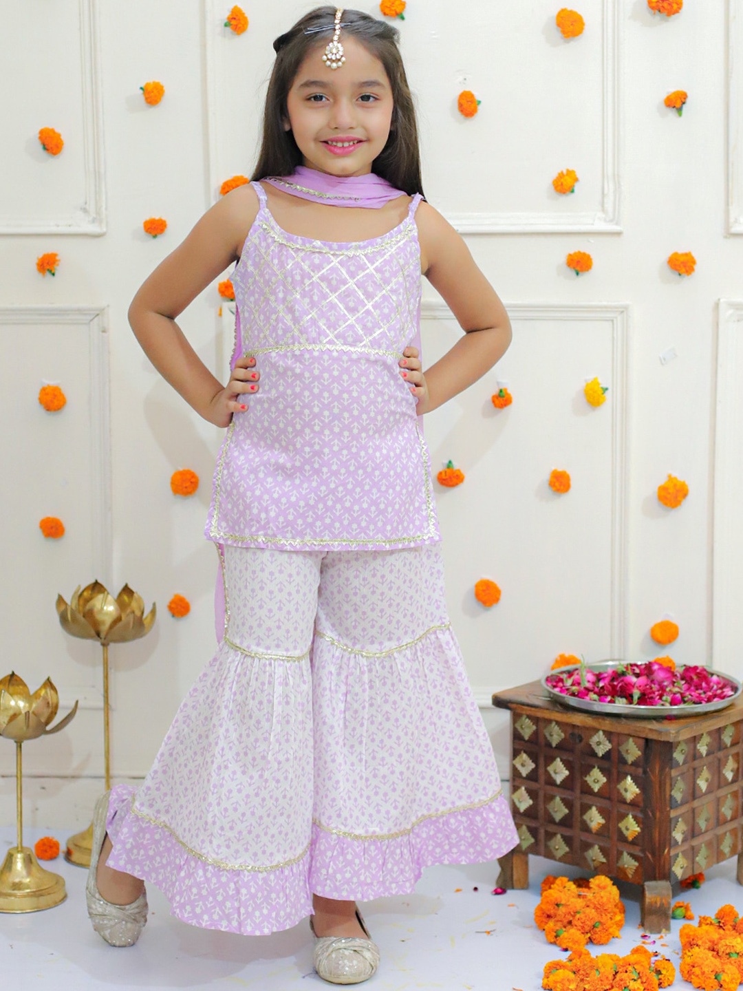 

Ka-mee Girls Ethnic Motifs Printed Gotta Patti Pure Cotton Kurti with Sharara & Dupatta, Lavender