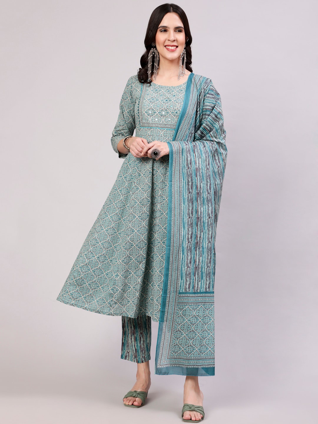 

THE NKS PLUS Ethnic Motifs Printed Mirror Work Cotton A-Line Kurta & Trousers With Dupatta, Grey