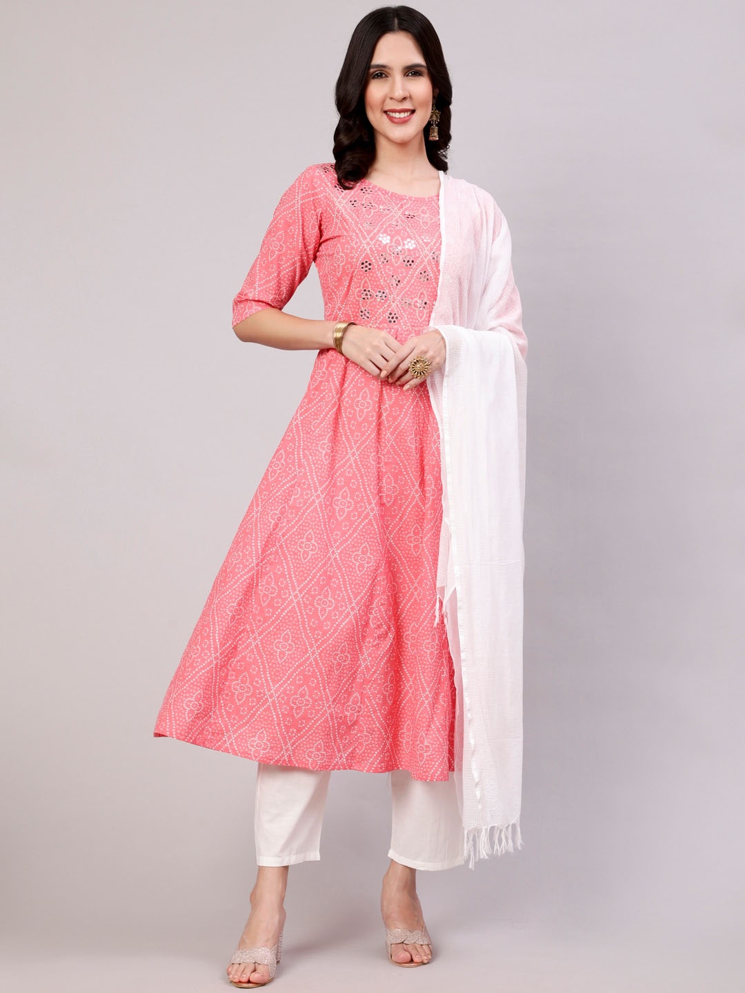 

THE NKS PLUS Bandhani Printed Mirror Work Pure Cotton Anarkali Kurta Set, Pink