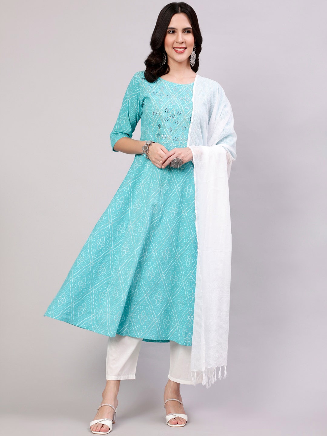 

THE NKS PLUS Bandhani Printed Mirror Work Pure Cotton Kurta With Trousers & Dupatta, Turquoise blue