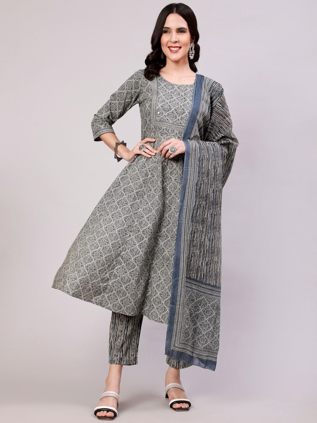 

THE NKS PLUS Ethnic Printed Mirror Work Anarkali Pure Cotton Kurta with Trousers & Dupatta, Grey