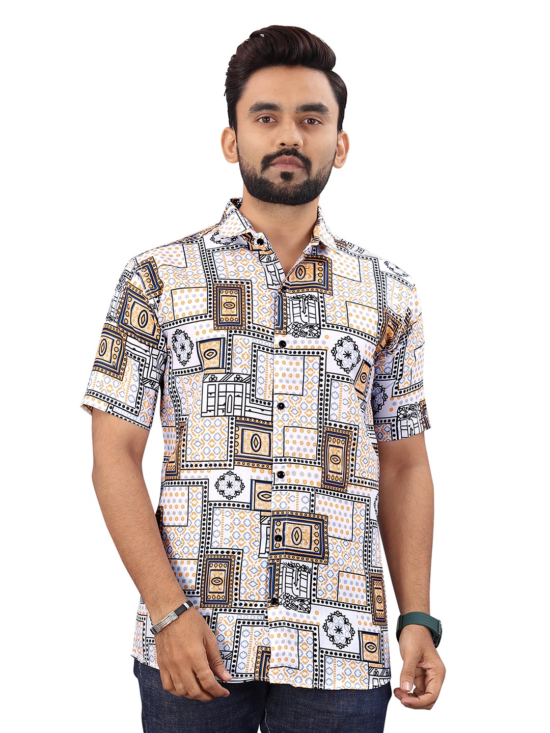 

Bought First Abstract Printed Premium Casual Organic Cotton Shirt, White