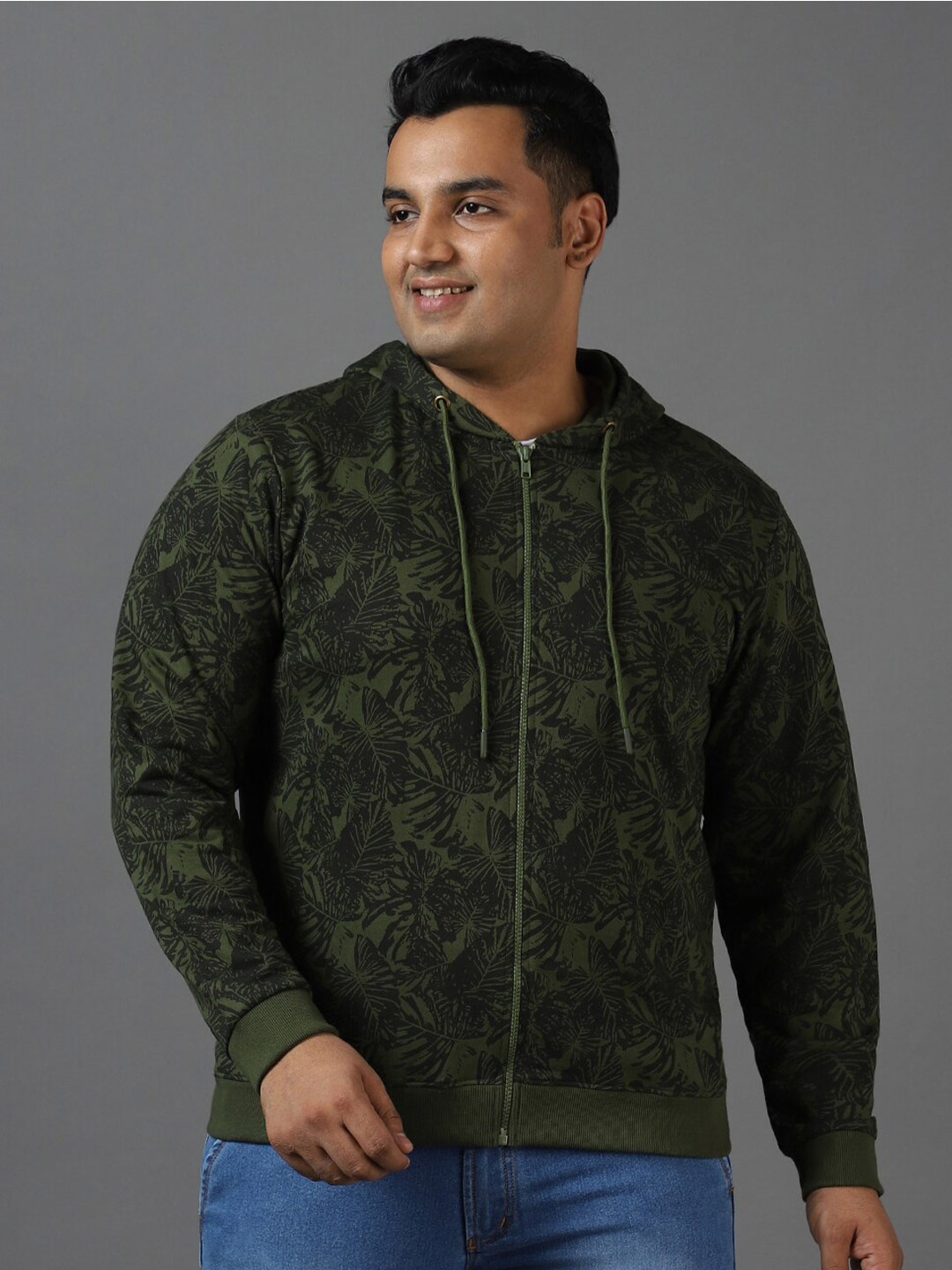 

Urbano Plus Men Tropical Print Knitted Front-Open Sweatshirt, Green