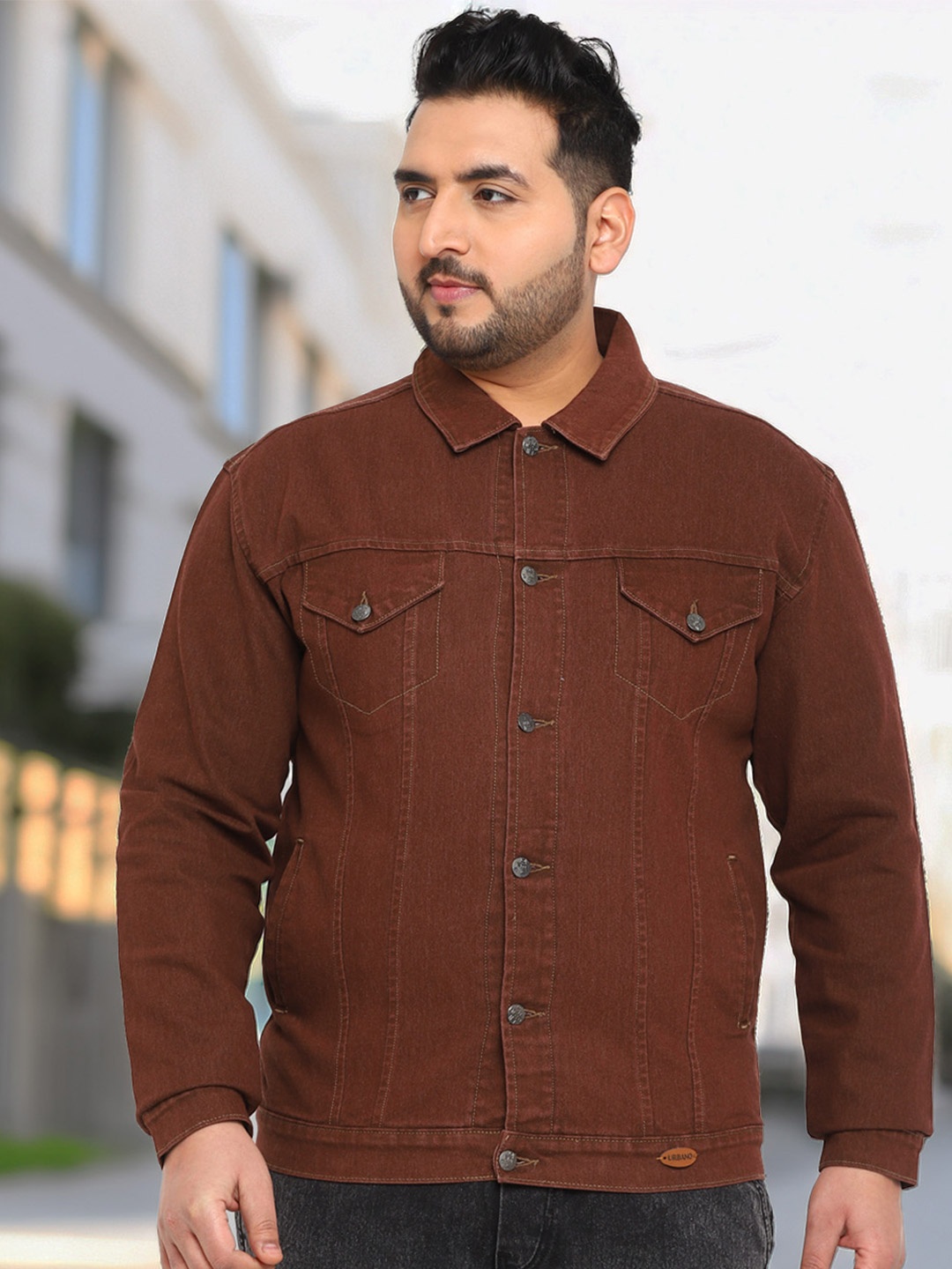 Urbano Plus Plus Size Regular Fit Washed Full Sleeve Denim Jacket, Brown