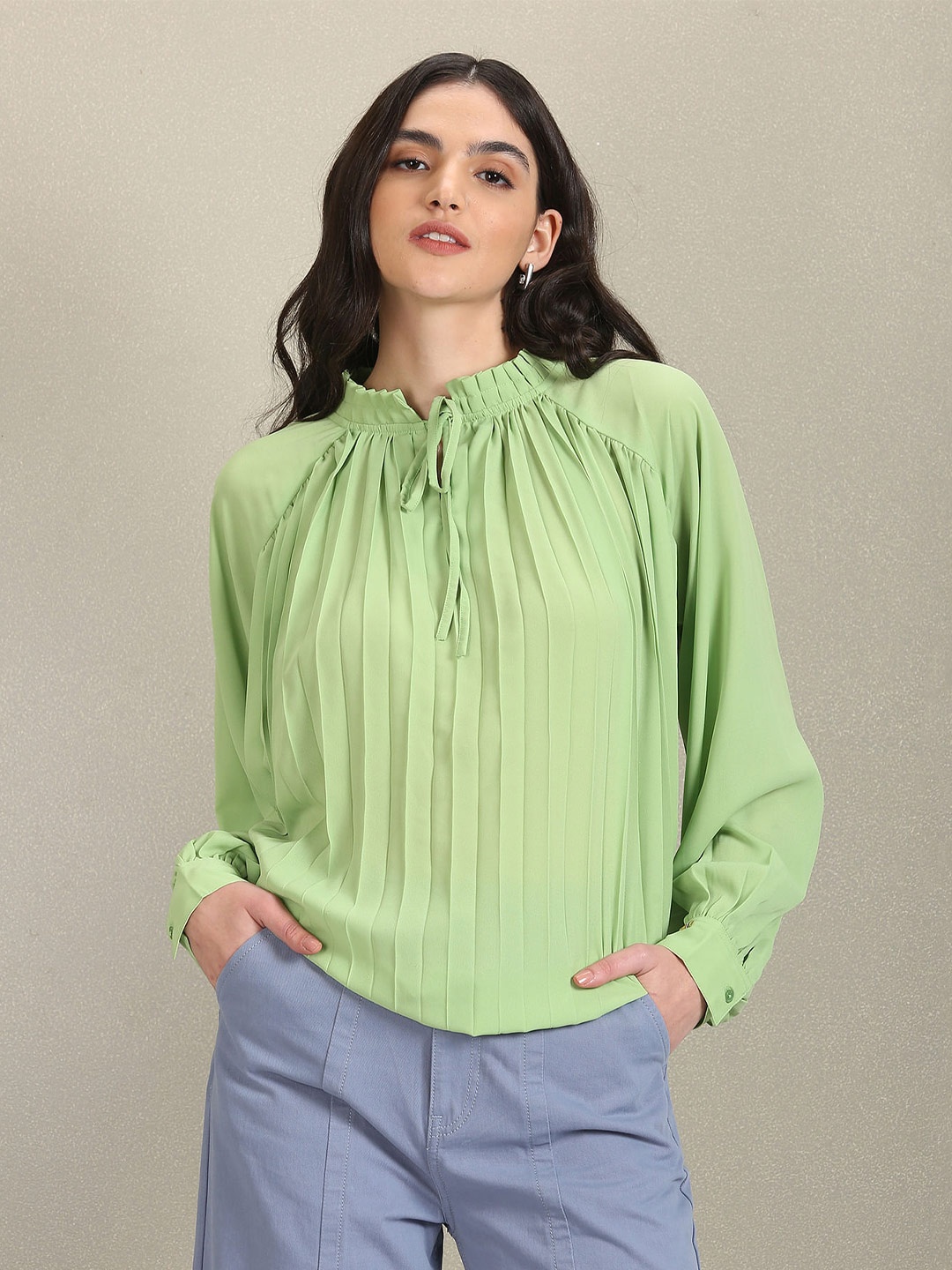 

U.S. Polo Assn. Women Tie-Up Neck Cuffed Sleeves Top, Lime green