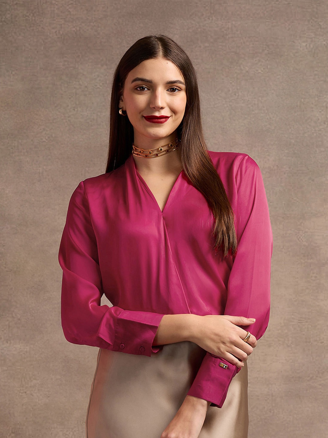 

U.S. Polo Assn. Women V-Neck Cuffed Sleeves Top, Pink