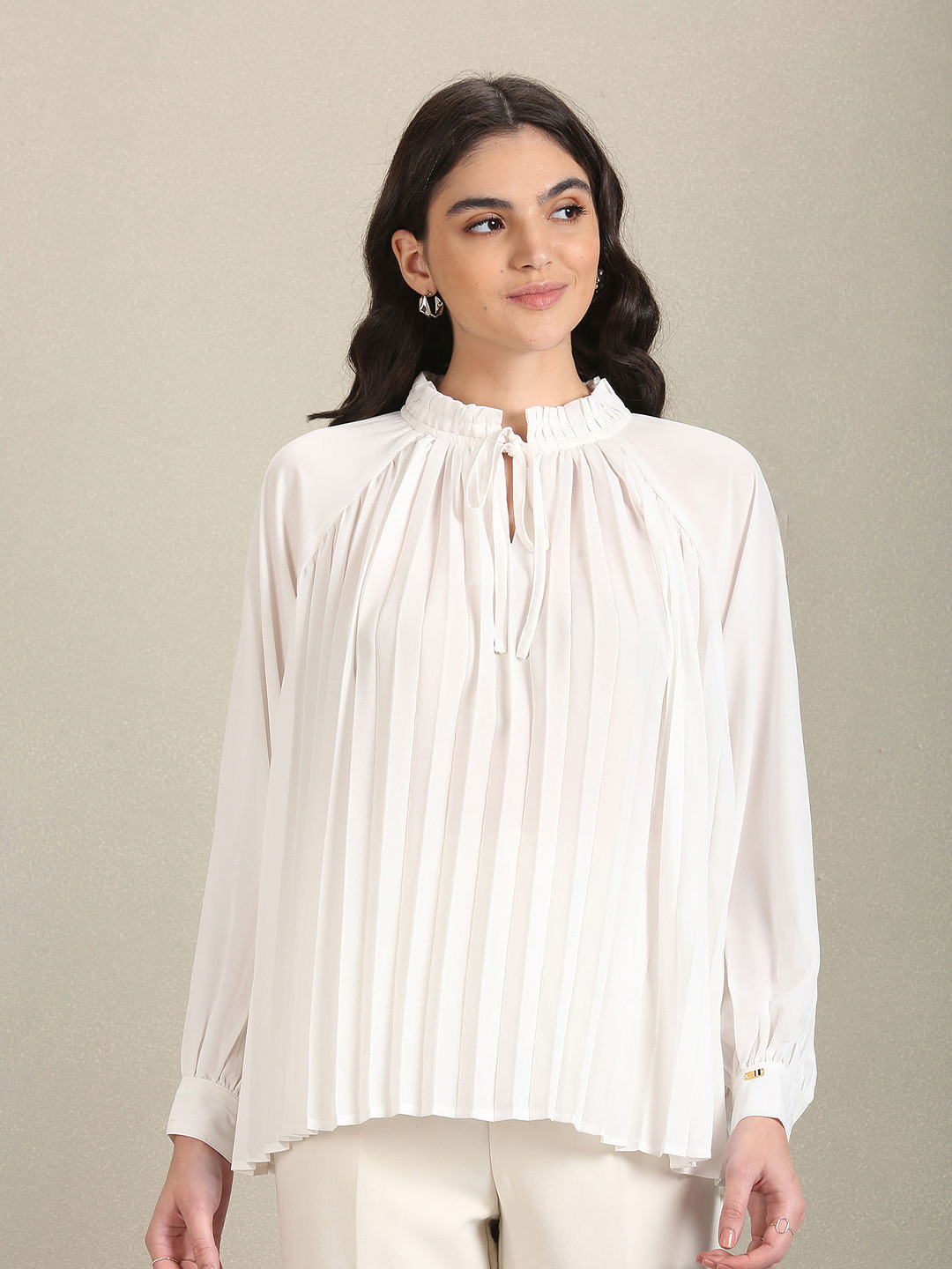 

U.S. Polo Assn. Women Tie-Up Neck Puff Sleeves Top, White