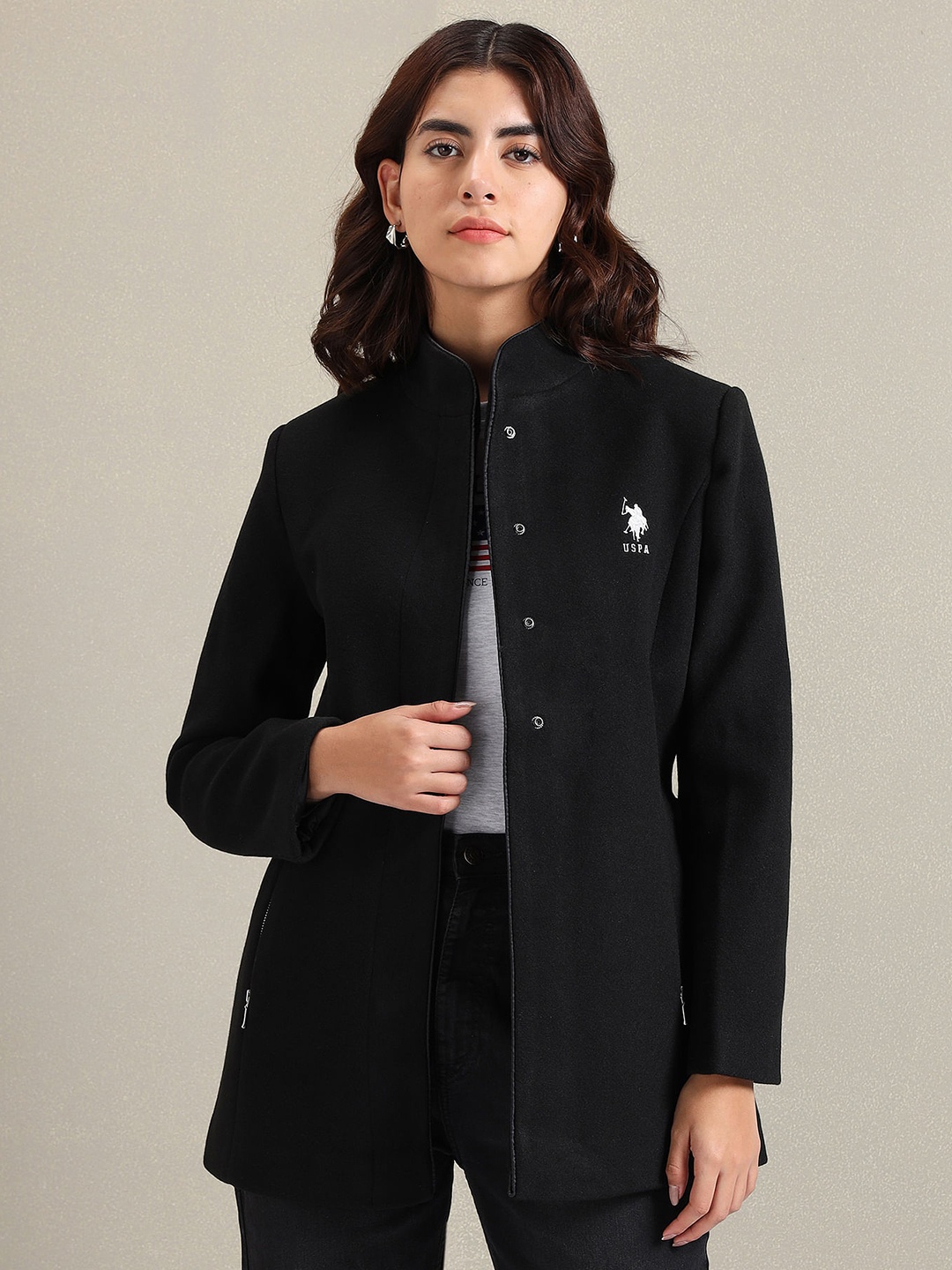 

U.S. Polo Assn. Women Mock Collar Wrap Coat, Black