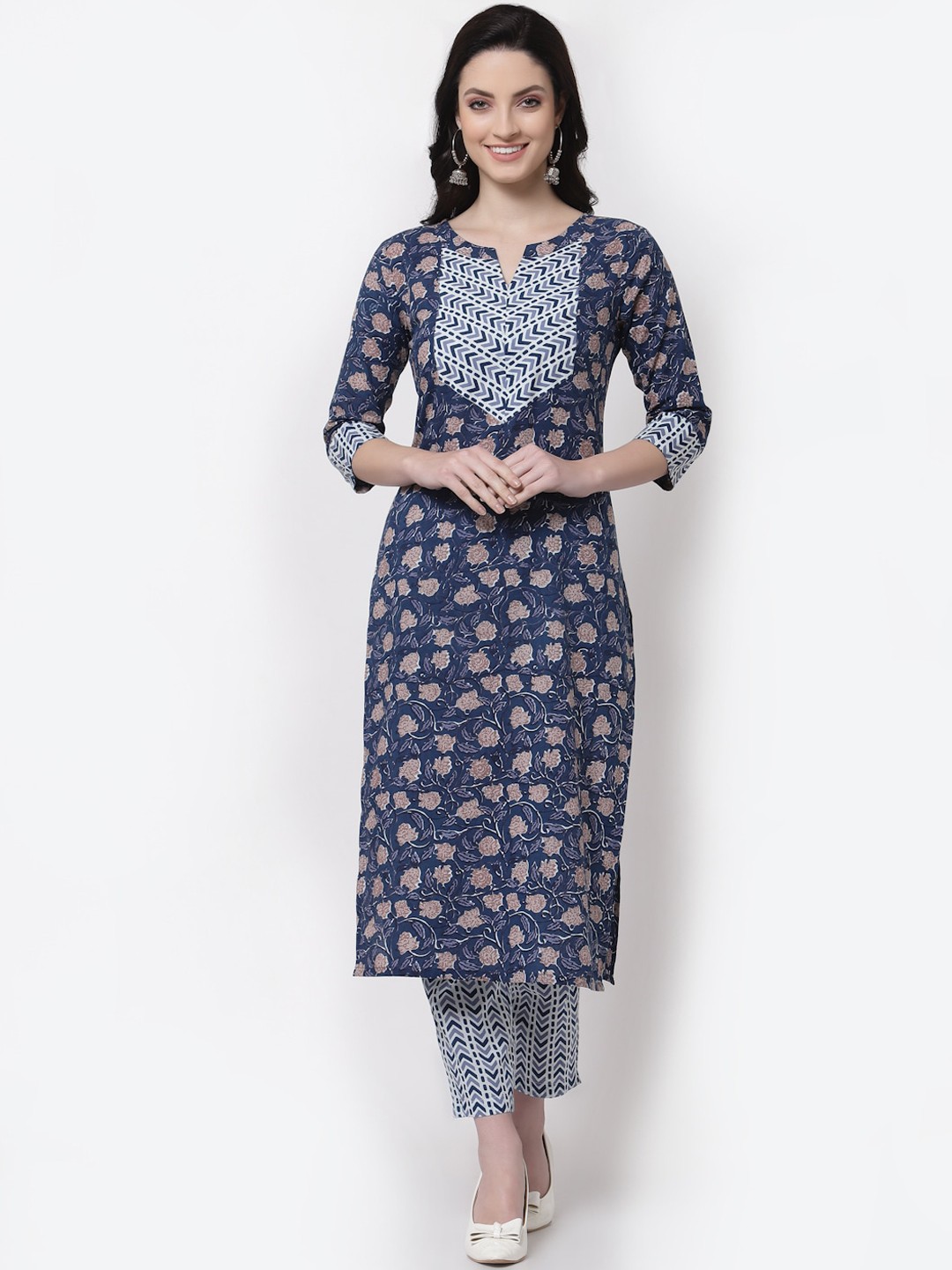 

LARGISH Floral Printed Pure Cotton Kurta with Trousers, Navy blue