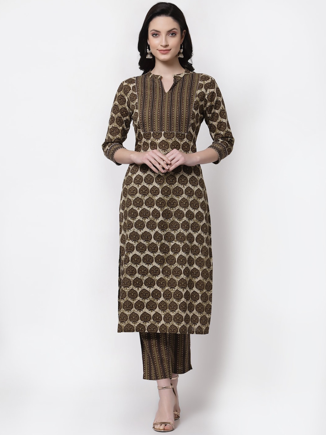 

LARGISH Geometric Printed Pure Cotton Straight Kurta With Trousers, Brown