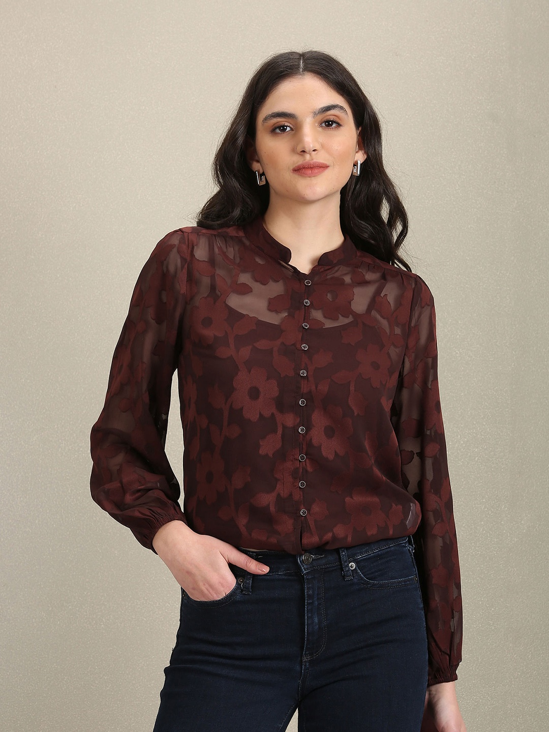 

U.S. Polo Assn. Women Self Design Comfort Casual Shirt, Brown