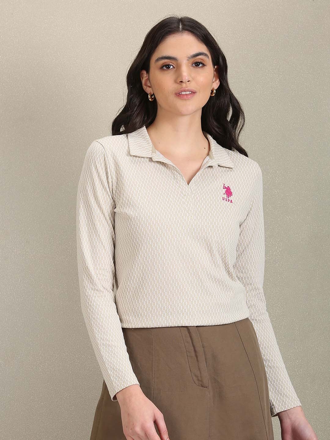 

U.S. Polo Assn. Women Self Design Polo Collar Slim Fit Cotton Casual T-shirt, Beige