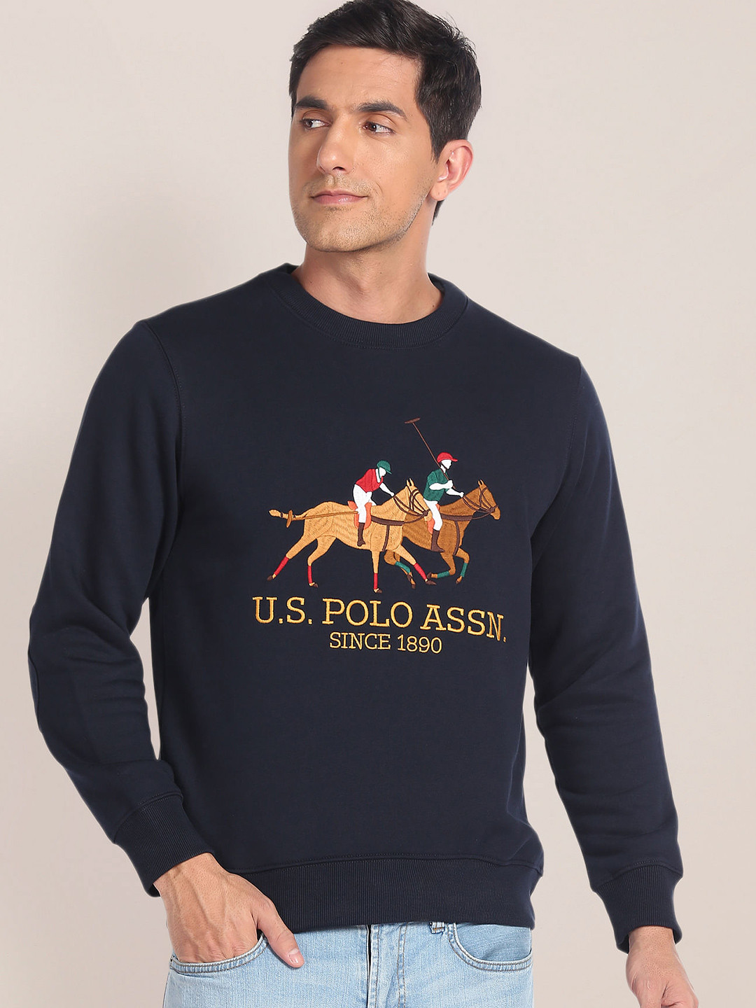 

U.S. Polo Assn. Brand Logo Embroidered Round Neck Pullover Sweatshirt, Navy blue