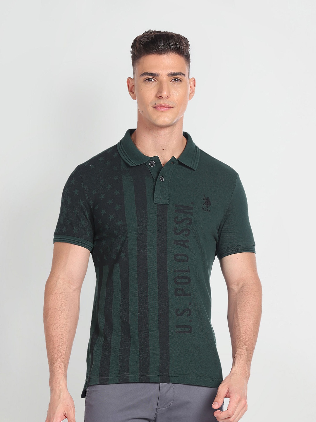 

U.S. Polo Assn. Denim Co. Typography Printed Polo Collar Slim Fit Pure Cotton T-shirt, Green