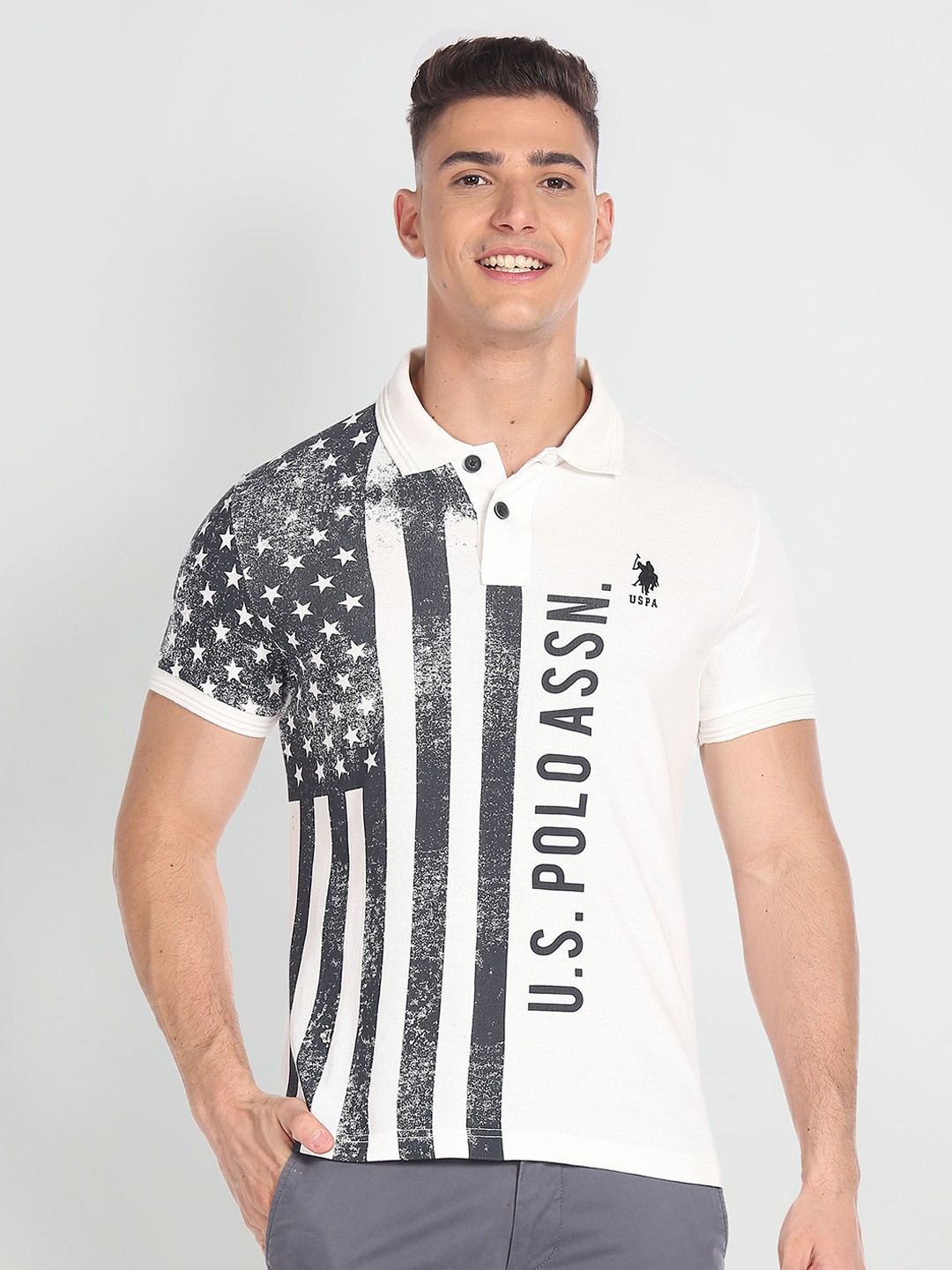

U.S. Polo Assn. Denim Co. Typography Printed Polo Collar Pure Cotton Slim Fit T-shirt, White
