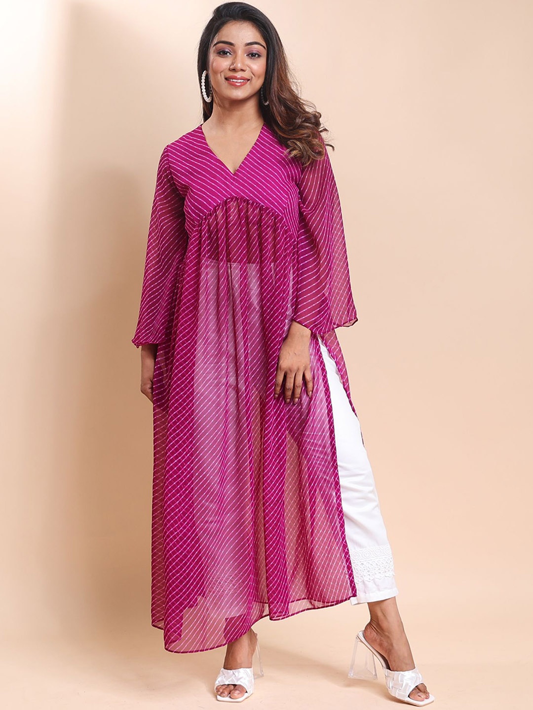 

Disli Purple Leheriya Printed Georgette Empire Kurta With Trousers