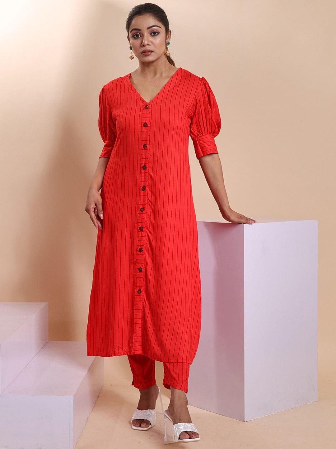 

Disli Striped V-Neck A-Line Pure Cotton Kurta with Trousers, Red