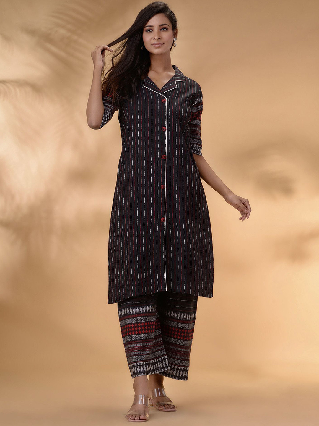 

Disli Striped Pure Cotton Straight Kurta With Palazzos, Black