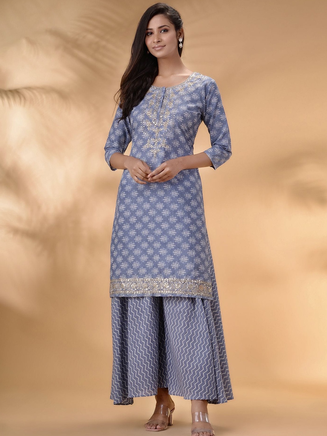 

Disli Ethnic Printed Pure Cotton Straight Kurta with Palazzos, Blue