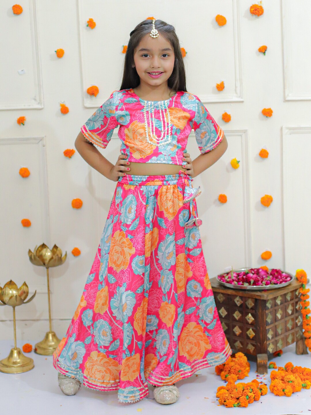 

Ka-mee Girls Floral Printed Gotta Patti Ready to Wear Lehenga Choli, Pink