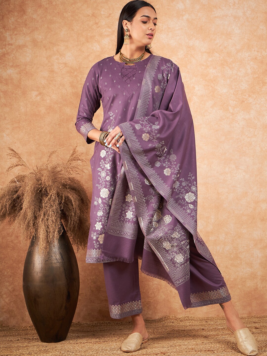 

HK colours of fashion Floral Woven Design Pashmina Unstitched Dress Material, Purple