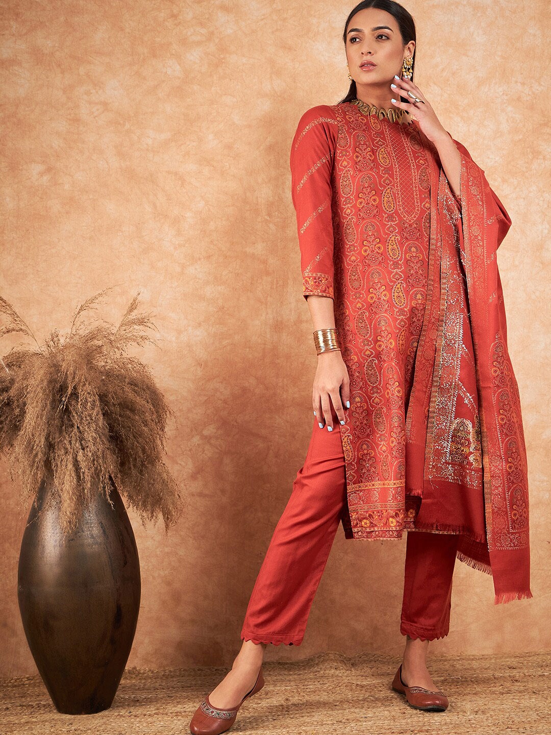 

HK colours of fashion Floral Woven Design Pashmina Unstitched Dress Material, Rust