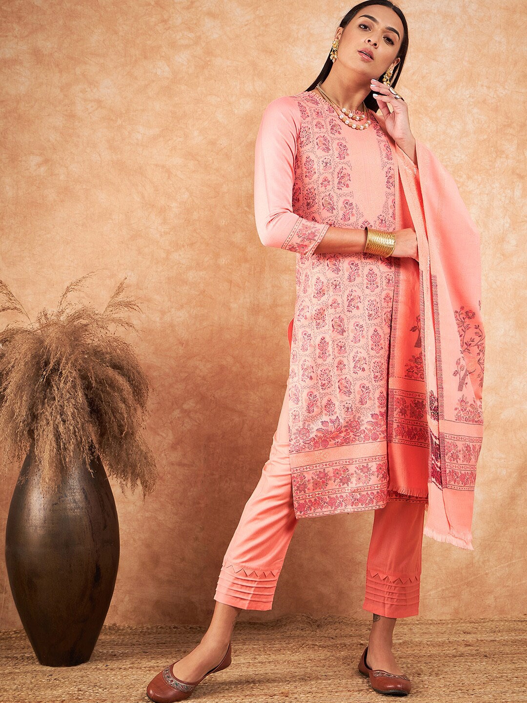 

HK colours of fashion Floral Woven Design Pashmina Unstitched Dress Material, Pink