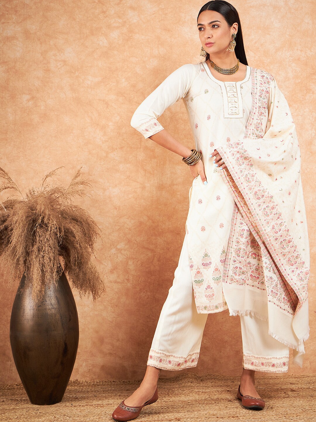 

HK colours of fashion Ethnic Motifs Woven Design Pashmina Unstitched Dress Material, Cream