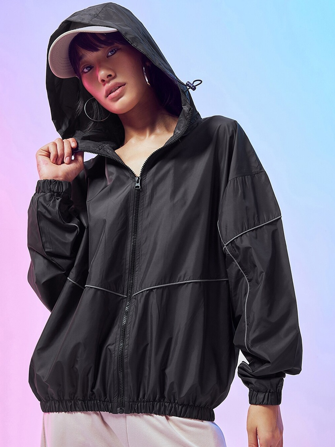 

Bewakoof Air 1.0 Women Exhale Typography Super Loose Fit Windcheater Jacket, Black