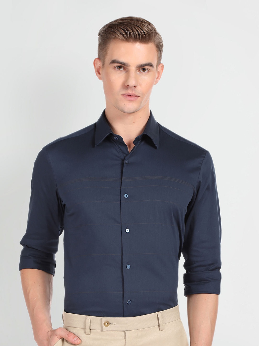 

Arrow New York Slim Fit Horizontal Striped Spread Collar Formal Shirt, Navy blue
