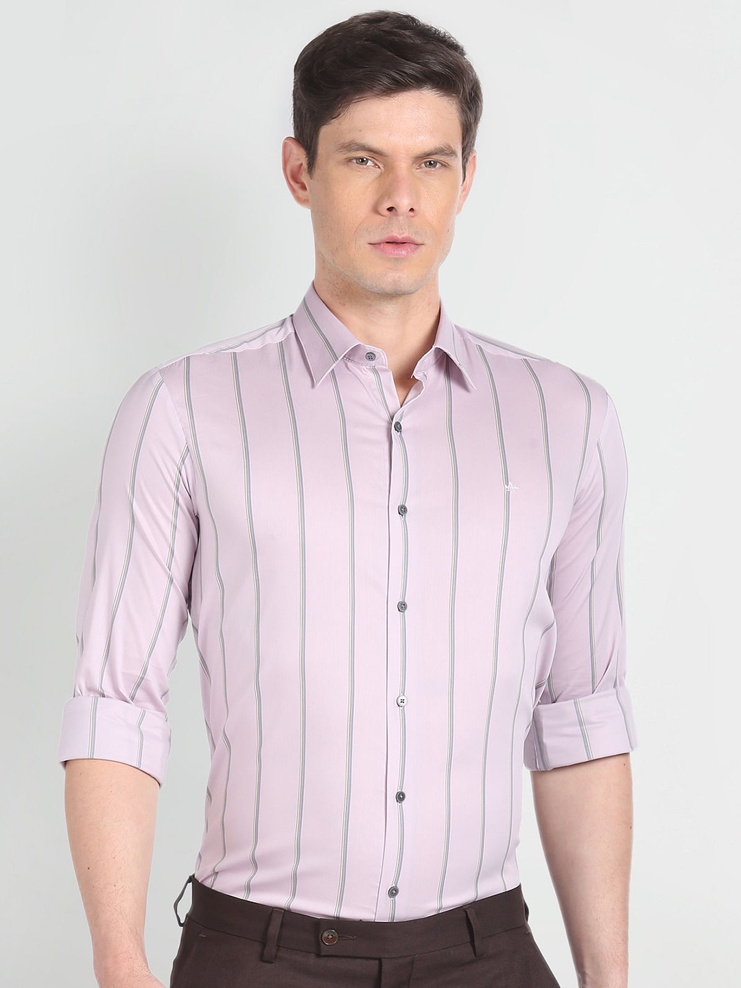 Arrow New York Slim Fit Vertical Striped Spread Collar Twill Formal Shirt, Purple