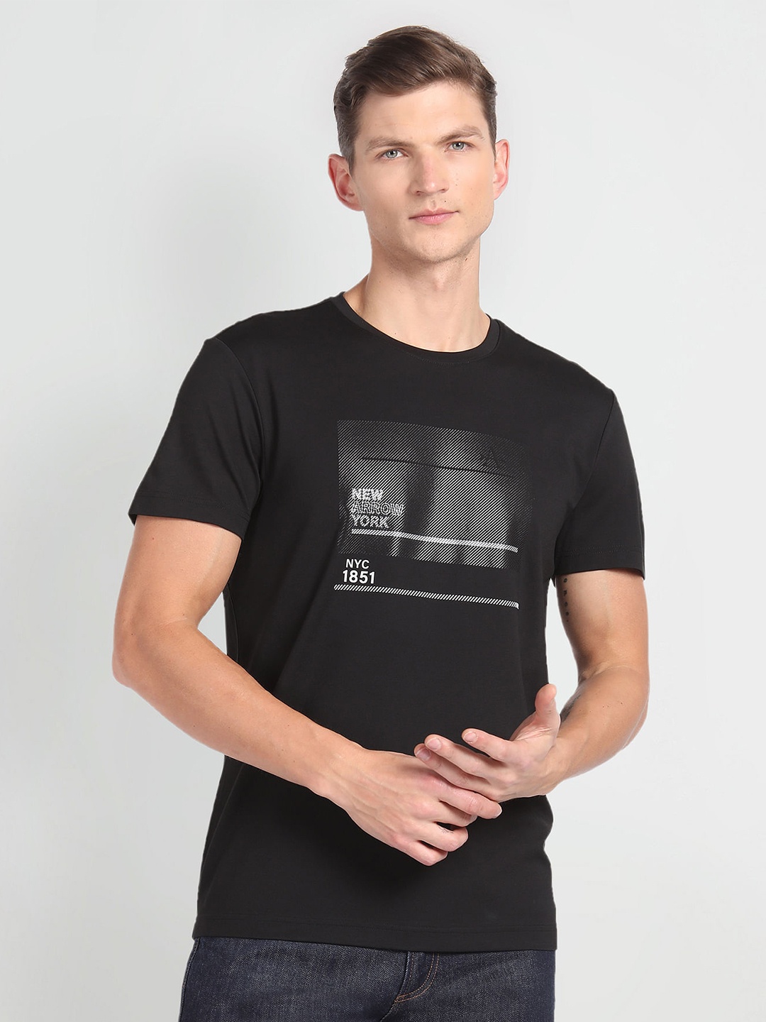 Arrow New York Typography Printed Pure Cotton T-shirt, Black