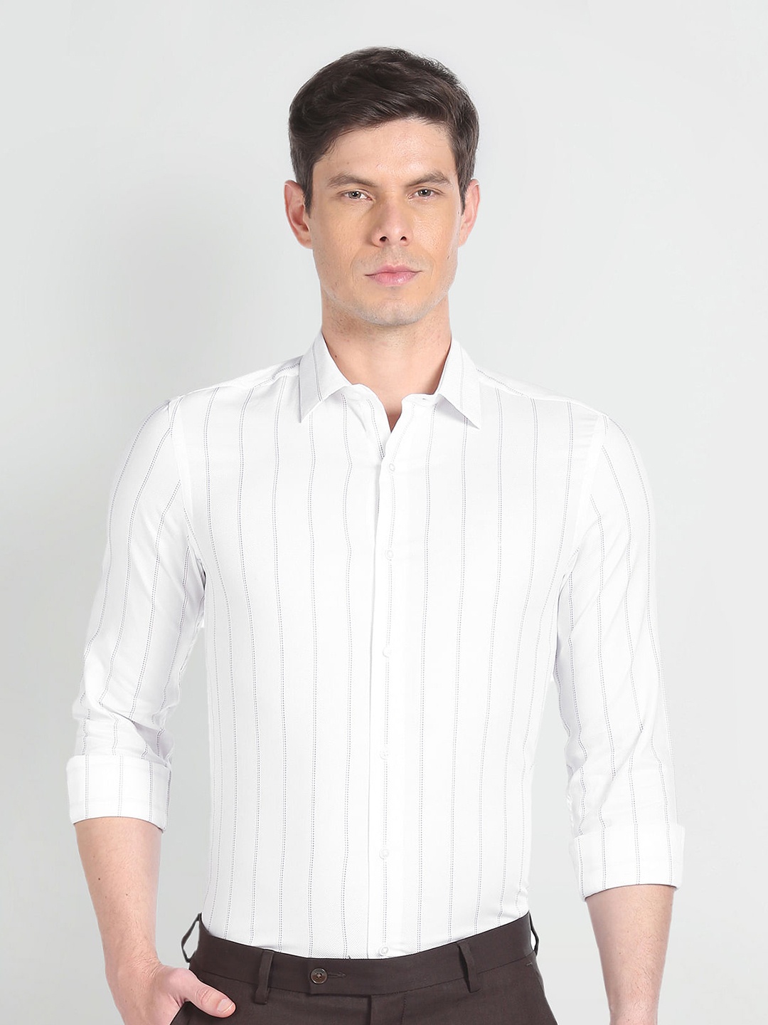 Arrow New York Slim Fit Vertical Striped Spread Collar Pure Cotton Formal Shirt, White